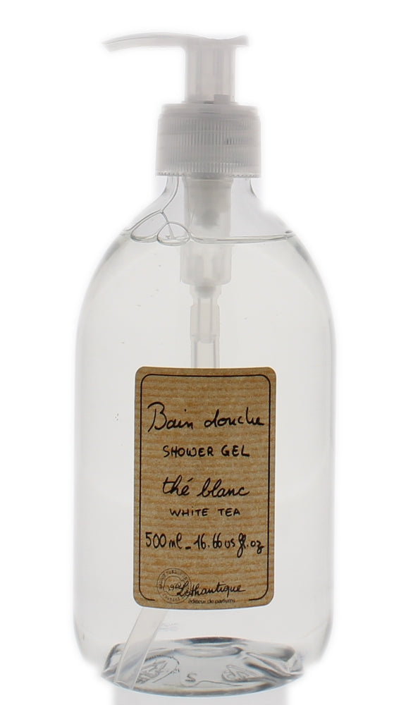 A clear plastic pump dispenser bottle labeled "Lothantique White Tea Shower Gel, White Tea fragrance." The label features elegant, vintage-style typography and provides information such as volume (500 ml). The background is solid white.