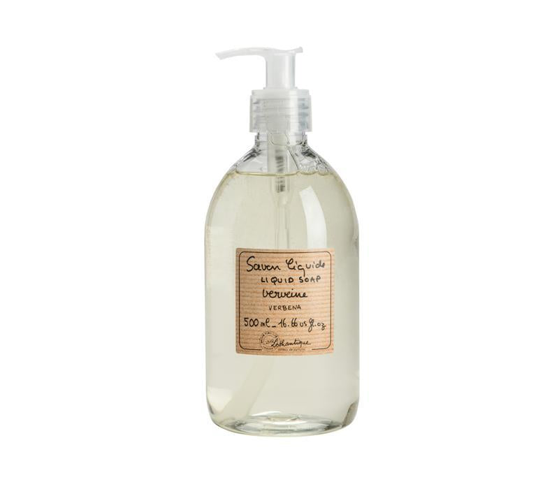 Clear Lothantique Verbena Liquid Soap in a transparent bottle with a white pump dispenser, labeled in French, on a plain white background.