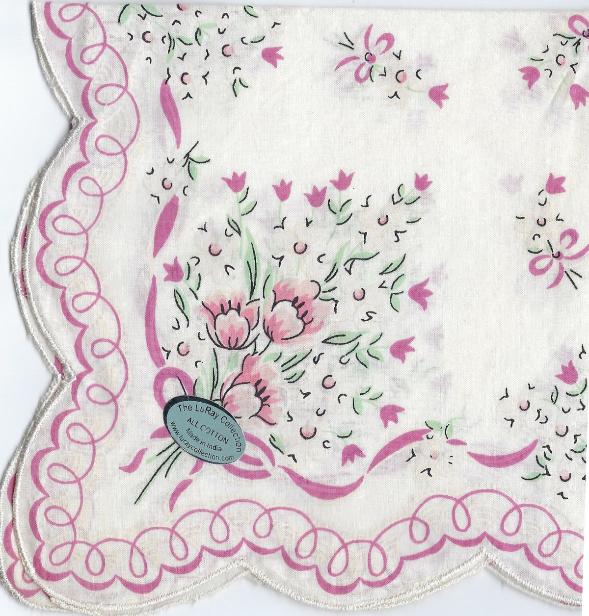 Vintage-Inspired Hanky -  Pink Flowers with Swirly Border Hanky