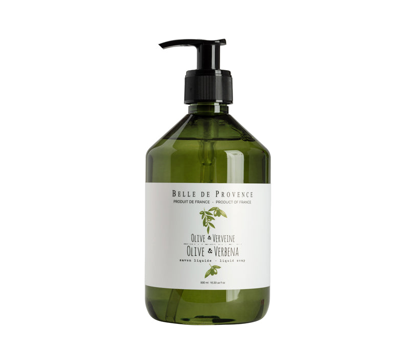 A transparent pump bottle of Lothantique Belle de Provence Olive Verbena Body Lotion, labeled in elegant black and green font. The liquid inside appears light green and is made in France.