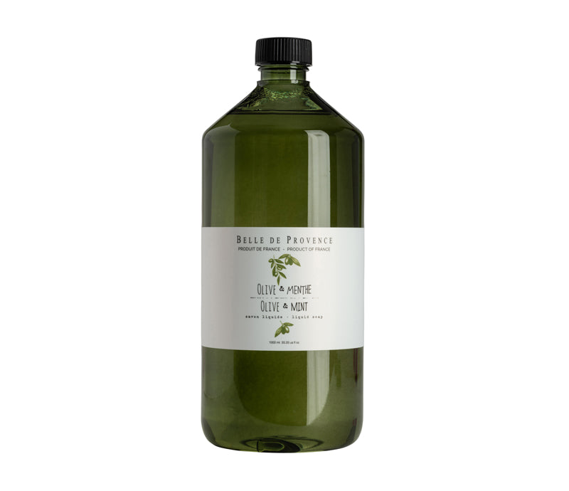 A large green bottle of Lothantique Belle de Provence Olive Liquid Soap Refill - Mint with the label clearly displayed.