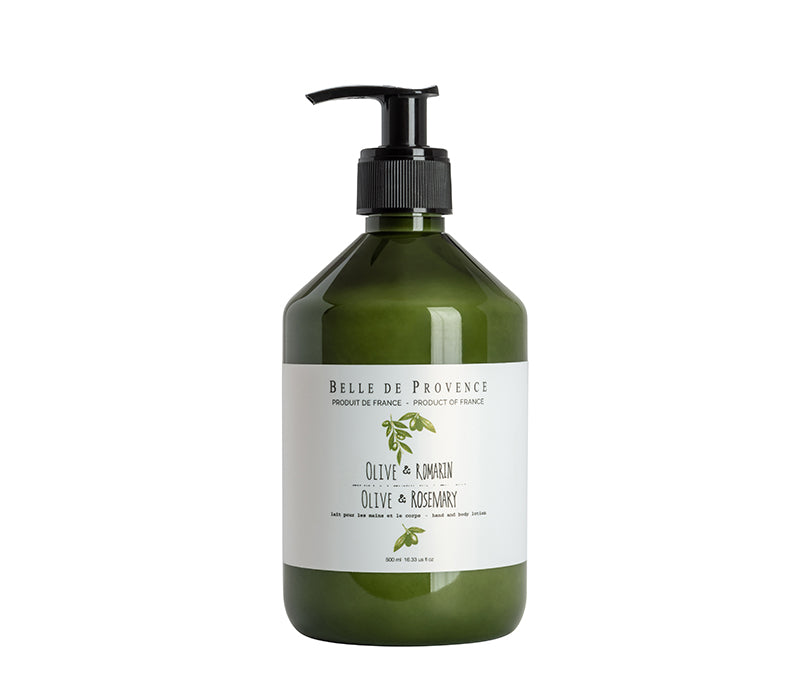 A pump bottle of Lothantique Belle de Provence Olive Rosemary Body Lotion, with a green label and white text, against a white background.
