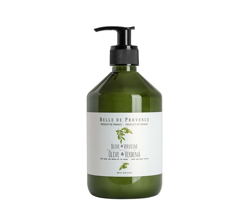 A green bottle of Lothantique Belle de Provence Olive Lavender body lotion with a black pump dispenser, isolated on a white background.