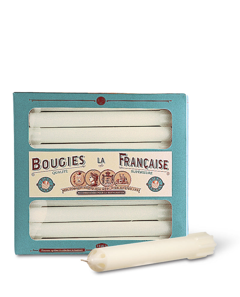 A vintage box of Bougies la Francaise Perforated Tapered Candles, pack of 20, displayed with one white long candle with holes in front of the teal box containing three more candles, against a neutral background.