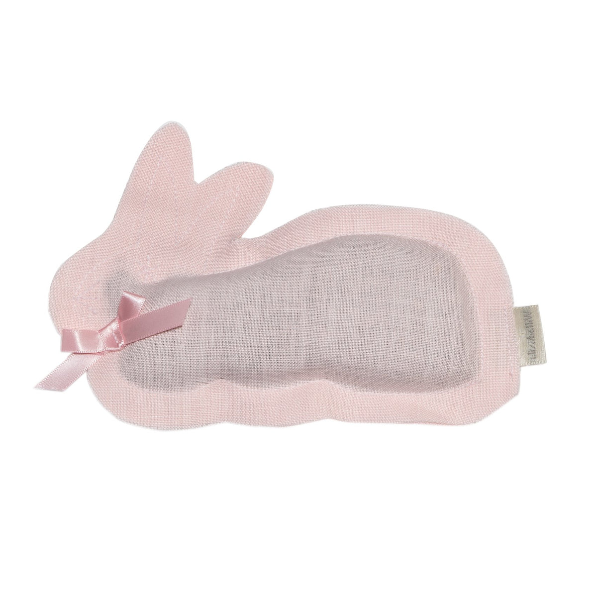 A pink sleeping eye mask designed like a bunny, with protruding ears and a decorative bow on one ear, infused with elizabeth W Lavender Bunny Sachet - Pink aroma, isolated on a white background.