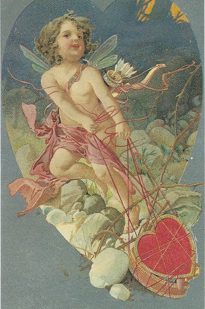 Vintage illustration of a cherub with wings, holding a bow and arrow, standing on a cloud beside a red heart-shaped balloon against a blue sky background, originally created for a Greeting Cards 1910 Valentine Postcard - Cherub with Heart Box.