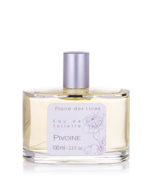 A transparent glass perfume bottle filled with yellow liquid, labeled "Place des Lices Peony Eau de Toilette, 100 ml - 3.3 fl oz," set against a white