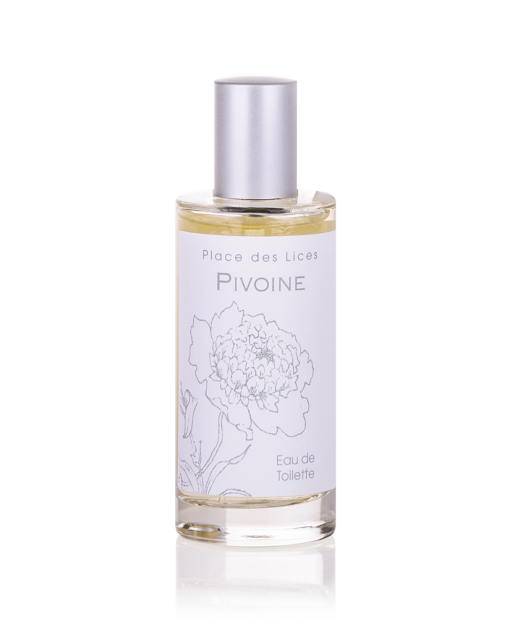 A clear glass bottle of "Place des Lices Peony Eau de Toilette - 50ml" by Place des Lices, featuring a simple line drawing of a peony flower on the label. The cap is silver.