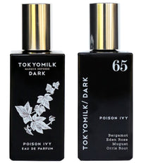Two bottles of Margot Elena's TokyoMilk Dark Poison Ivy No. 65 Eau de Parfum, featuring white botanical illustrations on black bottles with Eden Rose caps.