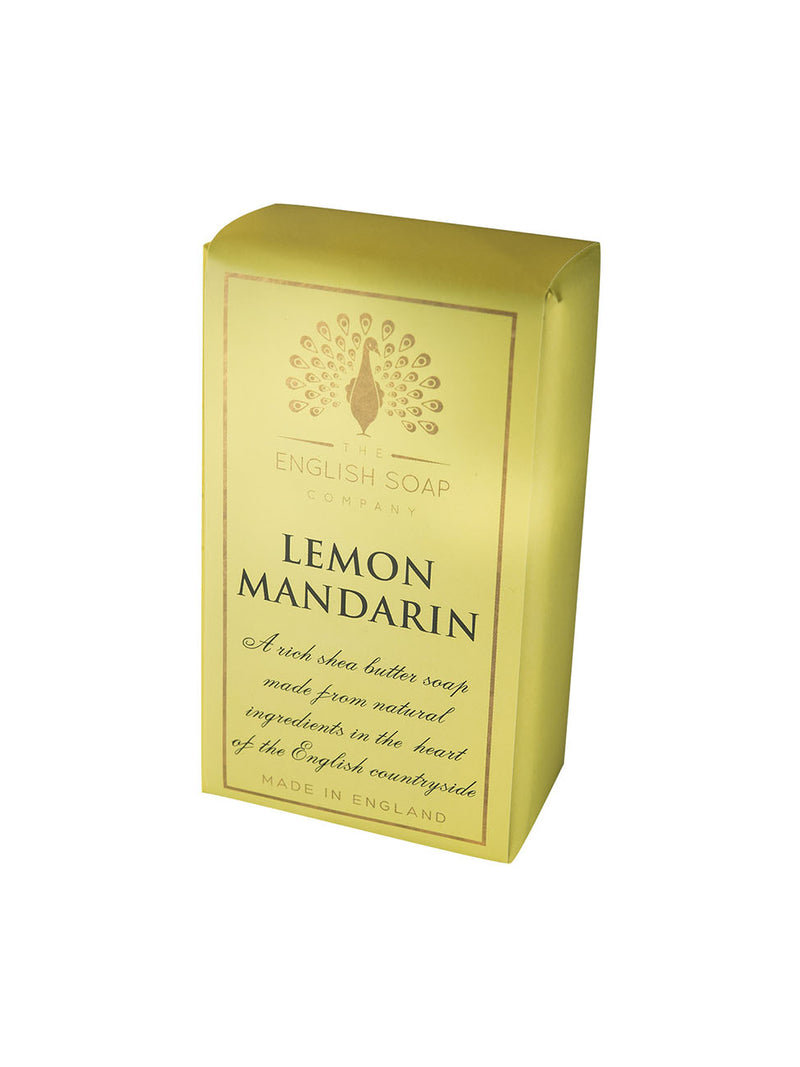 A package of The English Soap Co. Pure Indulgence Lemon Mandarin Soap bar from The English Soap Co., featuring elegant gold packaging with text and an ornate design, noting it is made in England.