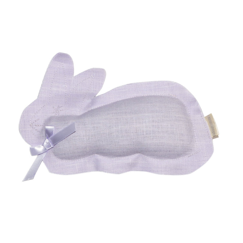 A elizabeth W Lavender Bunny Sachet - Purple designed like a rabbit, featuring a raised ear outline and a bow on the side, infused with herbal aroma, isolated on a white background.