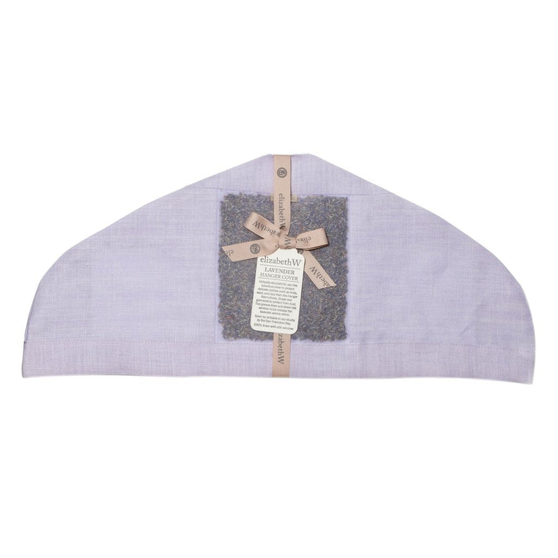 A semi-circular elizabeth W Lavender Hanger Cover made of light gray fabric, adorned with a brown tag and a bow, positioned on a white background.