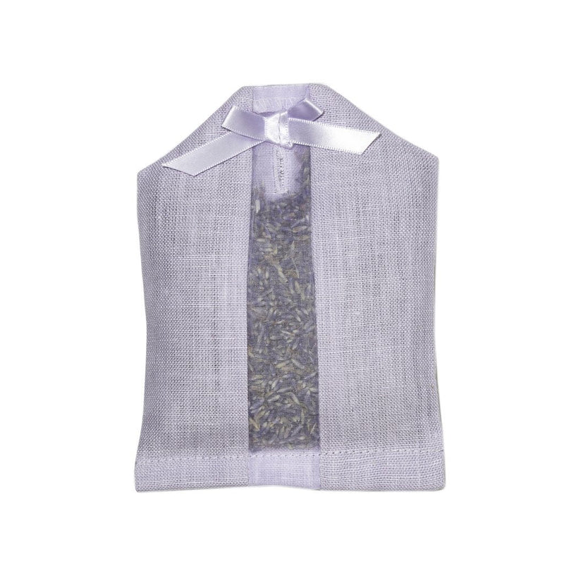 A elizabeth W Lavender Hanger Sachet in the shape of a shirt, made from light purple fabric with a visible compartment filled with dried lavender, topped with a neat silk stripe bow.