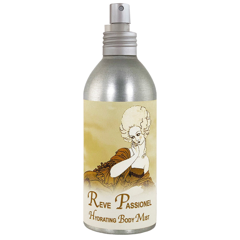 Silver-toned spray bottle of La Bouquetiere Reve Passionel Body Mist featuring a vintage illustration of a woman with an elaborate hairstyle, infused with essential oils.