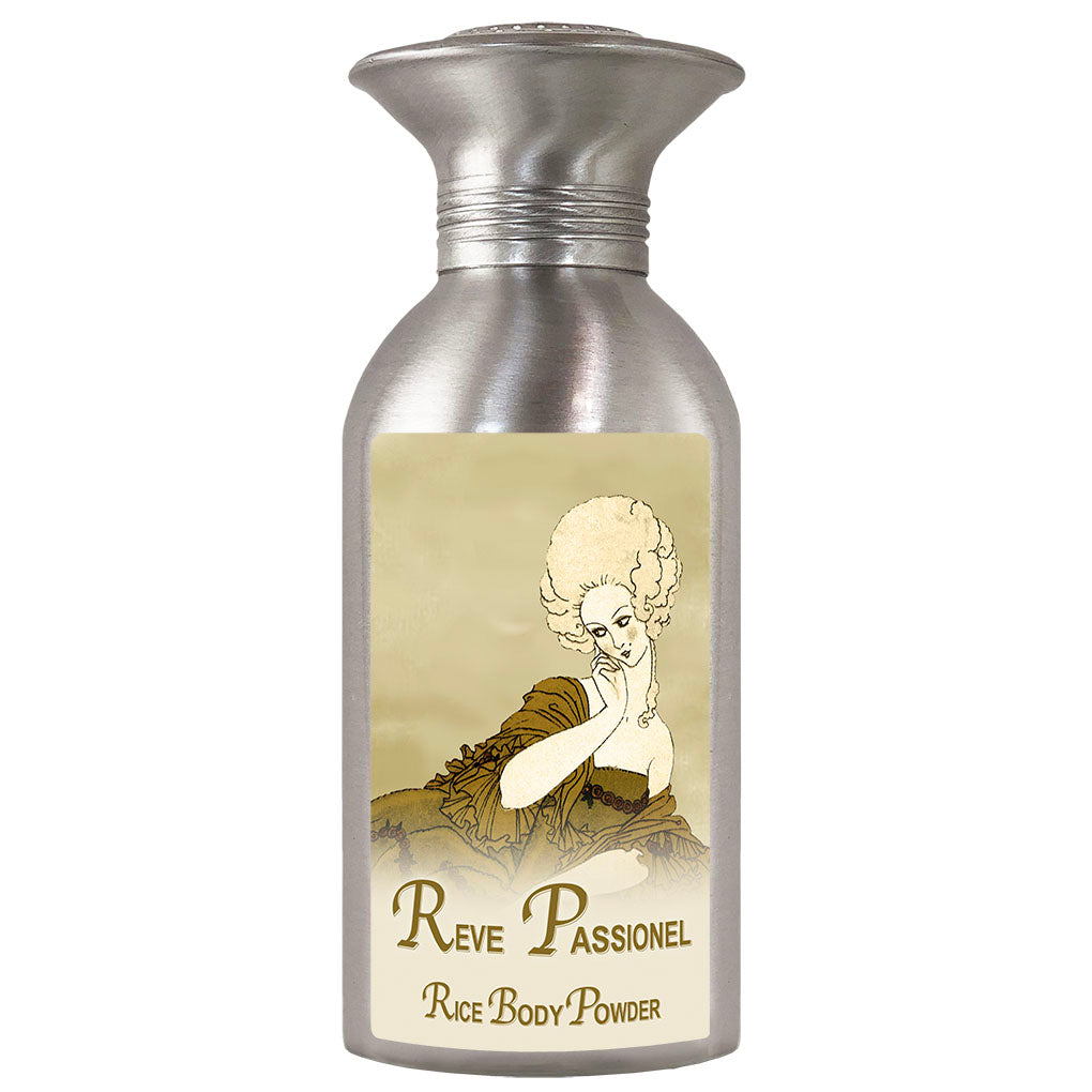 Metallic body powder container with an illustration of a woman in vintage attire on the front label, branded as La Bouquetiere Reve Passionel Body Powder.