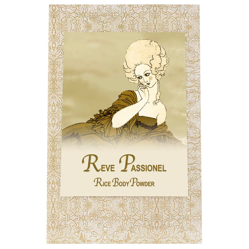A vintage-styled advertisement for La Bouquetiere Reve Passionel Rice Powder Refill Bag, featuring an illustration of a woman in Victorian attire, sitting and pensively touching her cheek against an ornate background, infused