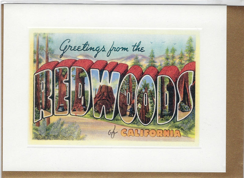 Vintage All Occasion Greeting Card reading "greetings from the redwoods of California" with large, bold letters filled with scenic images of towering redwood trees and natural landscapes.