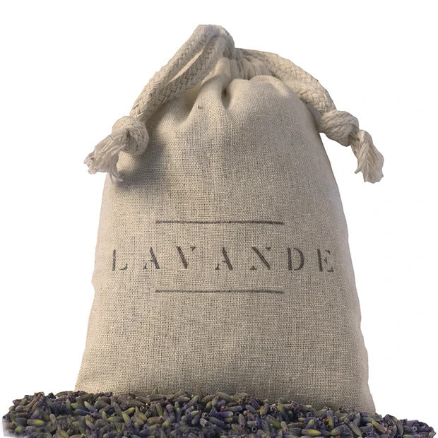 A Lavande - Lavender Bud Sachet bag filled with dried lavender buds, tied at the top with a rope, standing against a plain white background.