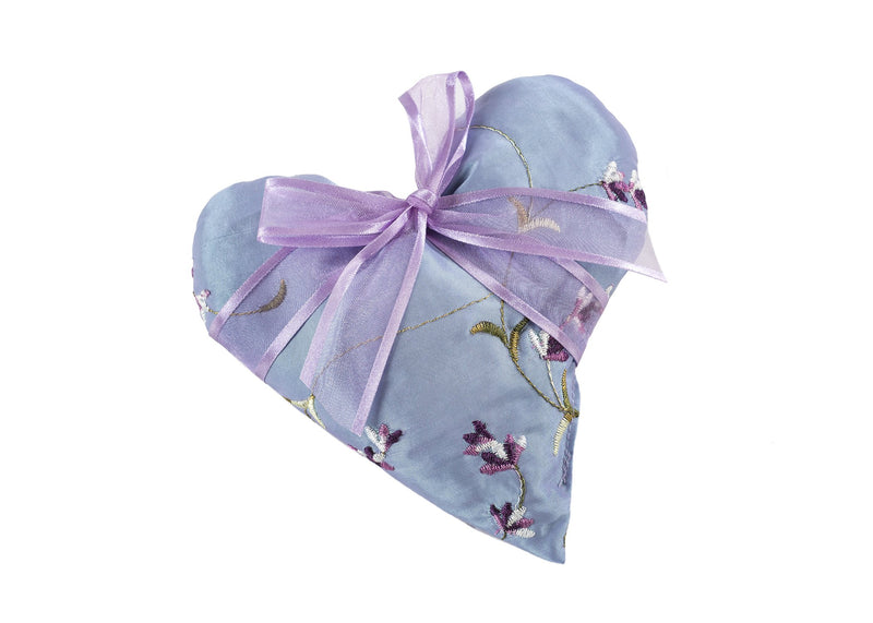 A Sonoma Lavender Heart Sachets - Embroidered Lavender adorned with pink floral embroidery and a shiny gold thread, tied with a delicate, lilac satin ribbon bow and filled with lavender buds, isolated on a white background