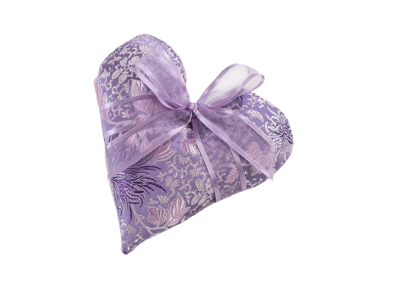 A Sonoma Lavender Heart Sachet adorned with Chrysanthemum patterns and tied with a sheer ribbon bow, isolated on a white background.