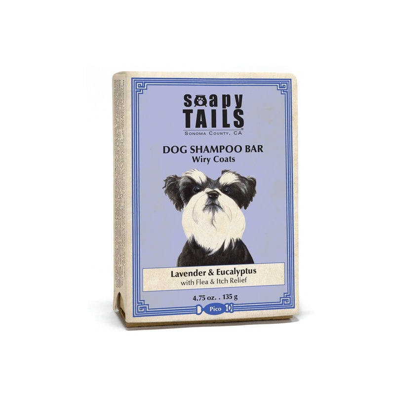 A product package for the "Three Sisters Apothecary Soapy Tails Shampoo Bar - Lavender & Eucalyptus - Wiry Coats" , featuring an illustration of a dog with wiry coat care on the cover, isolated on a.