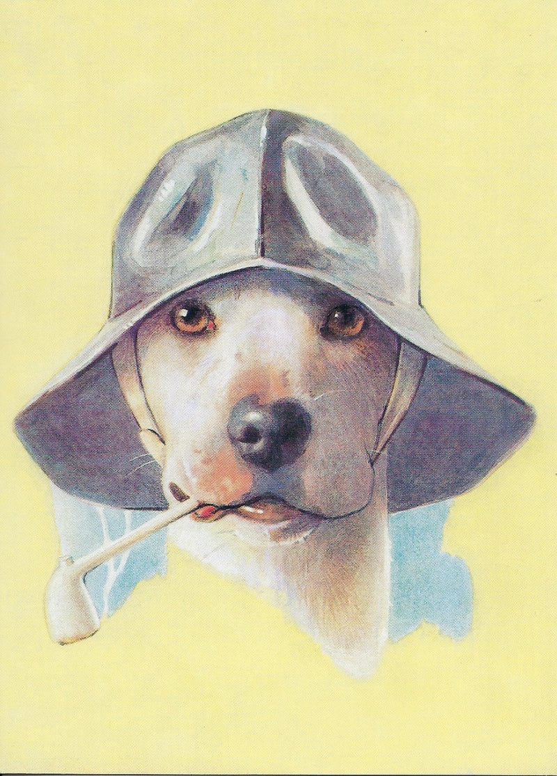 Illustration of a dog wearing a vintage pilot helmet, with a soft yellow background. The dog appears focused, with detailed eyes and subtle shades on its face. Greeting Cards!