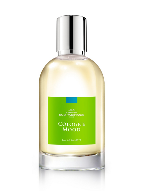 A clear Comptoir Sud Pacifique Paris Cologne Mood EDT bottle filled with a yellow liquid, against a white background.