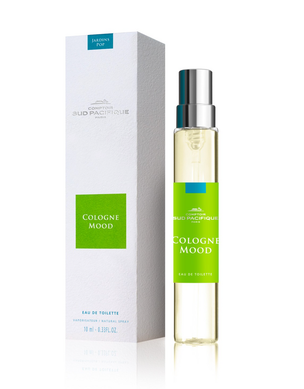 A bottle of Comptoir Sud Pacifique Paris Colgone Mood EDT by Comptoir Sud Pacifique Paris with a spray nozzle, alongside its sleek white packaging box, both featuring gold and teal accents.