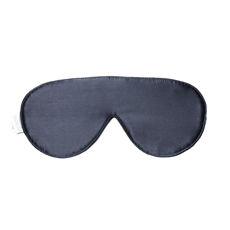 A simple, elizabeth W Slate silk sleep mask pictured on a white background, designed to cover both eyes completely for sleep enhancement.