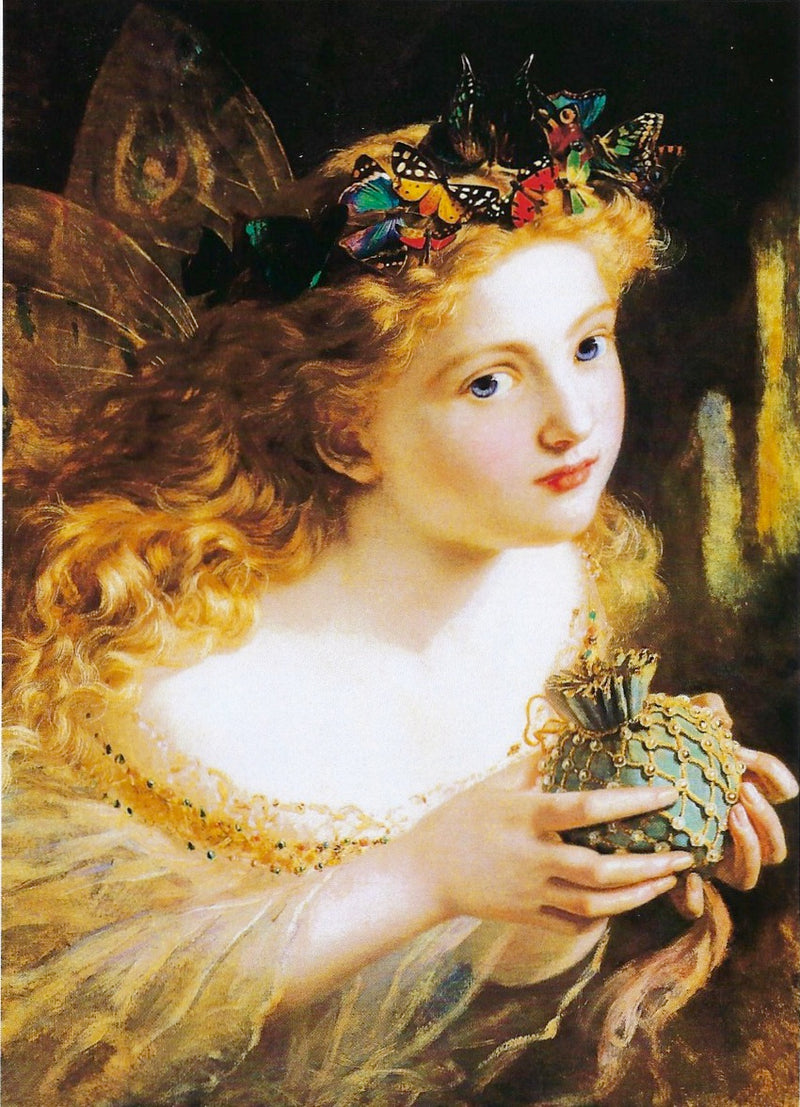 A greeting card illustrated by Margaret W. Tarrant, depicting a woman with long, curly blonde hair adorned with colorful butterflies, holding an ornate jeweled goblet, and a soft, focused gaze.