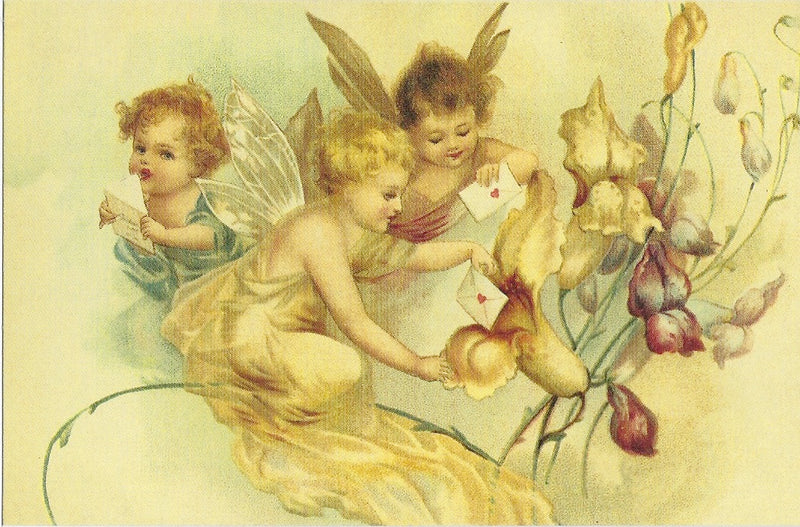 Three cherubic figures with wings, resembling angels, in shades of yellow and beige, are interacting with blush-colored flowers against a soft, pale background on a Greeting Cards Valentine Postcard - Delivery Cheubs.