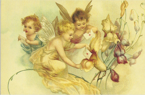 Three cherubic figures with wings, resembling angels, in shades of yellow and beige, are interacting with blush-colored flowers against a soft, pale background on a Greeting Cards Valentine Postcard - Delivery Cheubs.