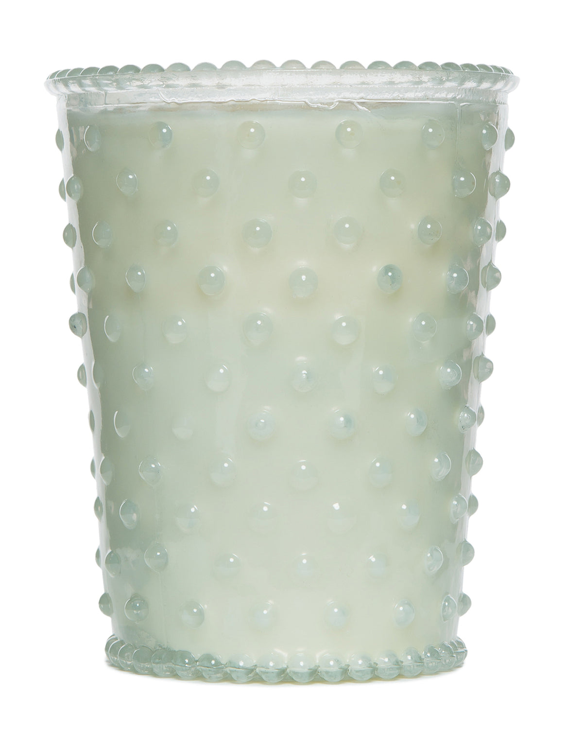 A translucent, milky-white glass with a raised dot design covering its surface, designed for a Simpatico NO. 85 SNOW Hobnail Glass Candle, isolated on a white background.