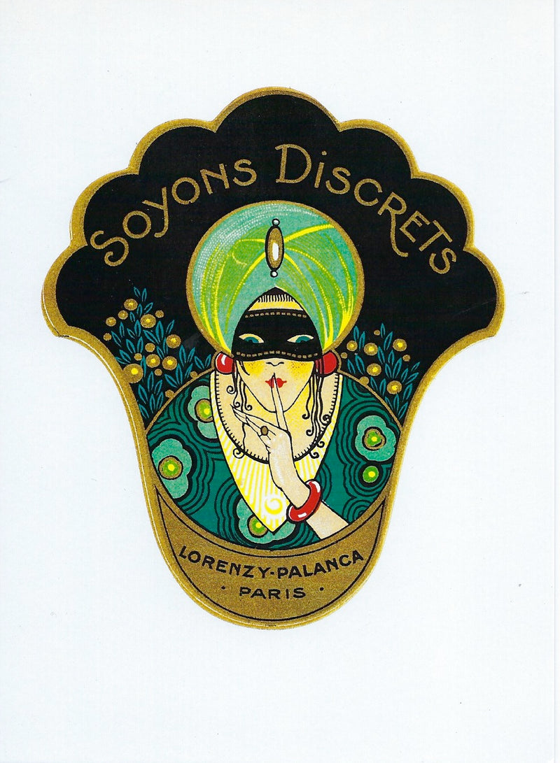 Art nouveau style Friendship Greeting Card - Soyons Discrets (Let's be Discreet) illustration showing a woman's face within a decorative border, with the words "soyons discrets" and "lorenz y palanca paris" written.