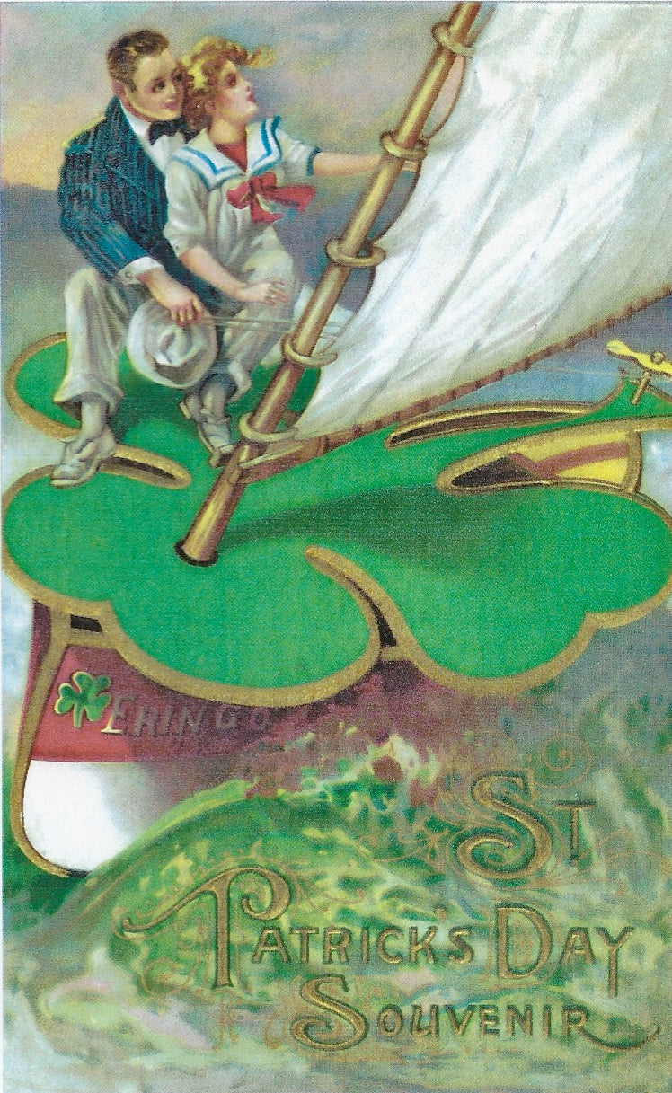 Vintage St. Patrick's Day Greeting Card featuring a man and woman in period clothing sitting atop a giant clover, with a sail's mast and rope, and the text "St. Patrick's Day souvenir," reproduced with Greeting Cards.