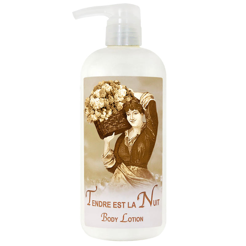 A La Bouquetiere body lotion bottle with a vintage pump dispenser. It features an old-fashioned label with an image of a woman holding a basket of flowers and the text "Tendre est la nuit fragrance lotion.