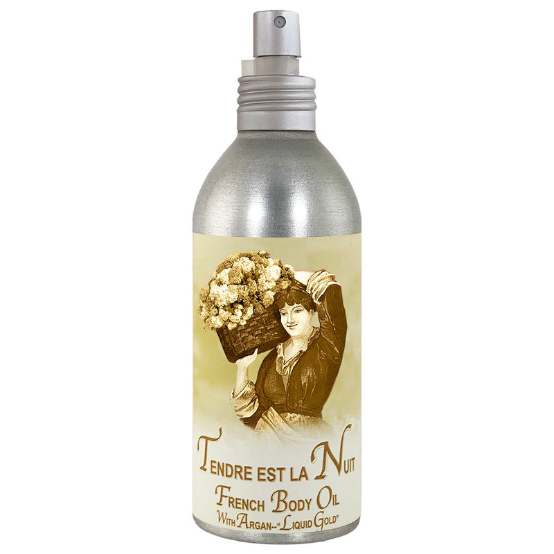 A metallic spray bottle of La Bouquetiere Tendre est la Nuit Body Oil featuring a vintage-style label with an illustration of a woman holding a basket of flowers. The text reads "tendre est la nuit" and highlights