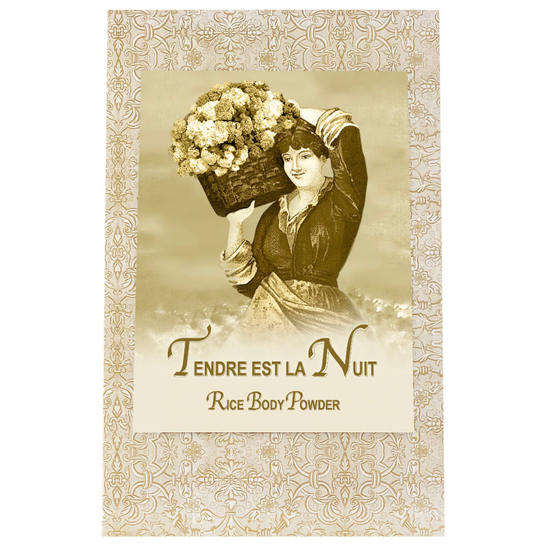 A vintage advertisement featuring a woman in Victorian dress, holding a large basket of flowers overhead. The text "La Bouquetiere Tendre est la Nuit Powder Refill Bag" embellishes the ornate, patterned background.