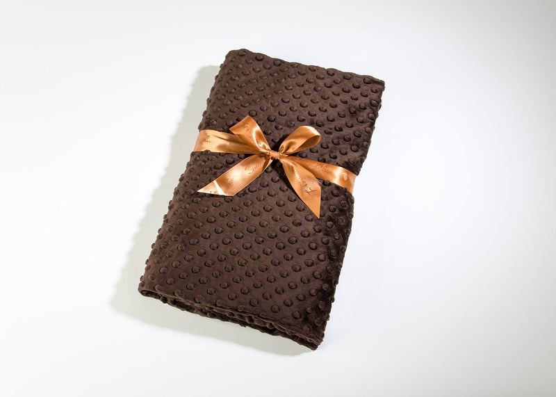 A Sonoma Lavender Sonoma Timber Lake Sedona Brown Dot SPA BLANKIE tied with a shiny gold ribbon, beautifully presented on a white background.