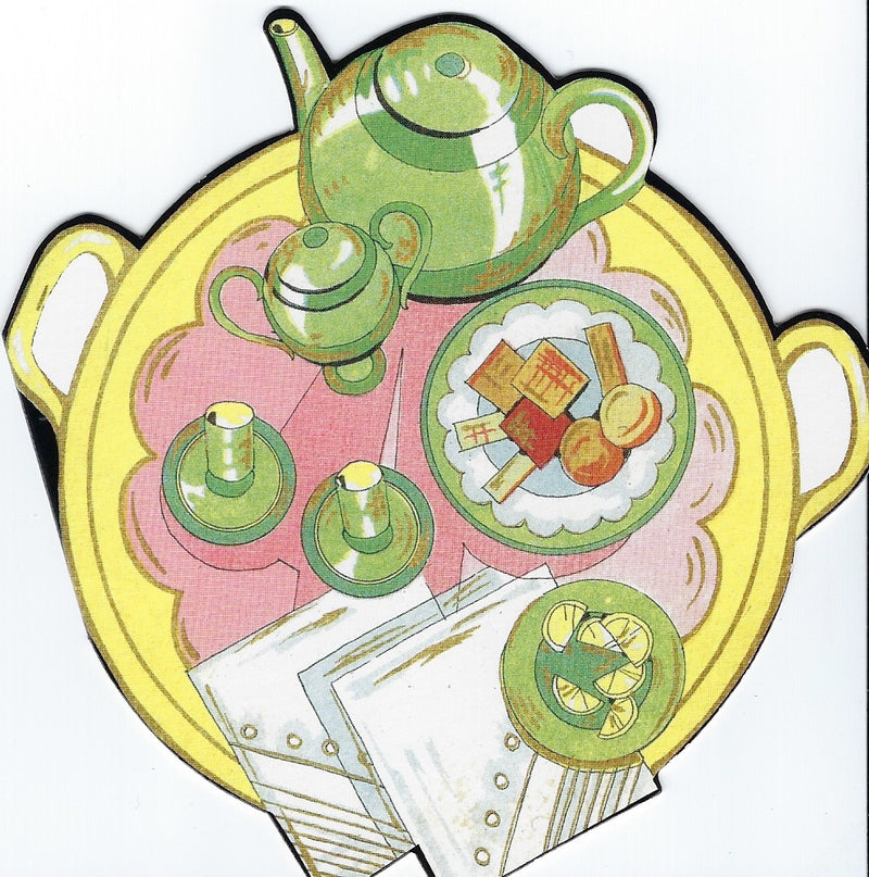 A colorful illustration of a All Occasion Greeting Card - Tea Party with a pink tray, green teapot, sugar bowl, cups, saucers, napkins, lemon slices, and a plate of sugar cubes and fruit on.