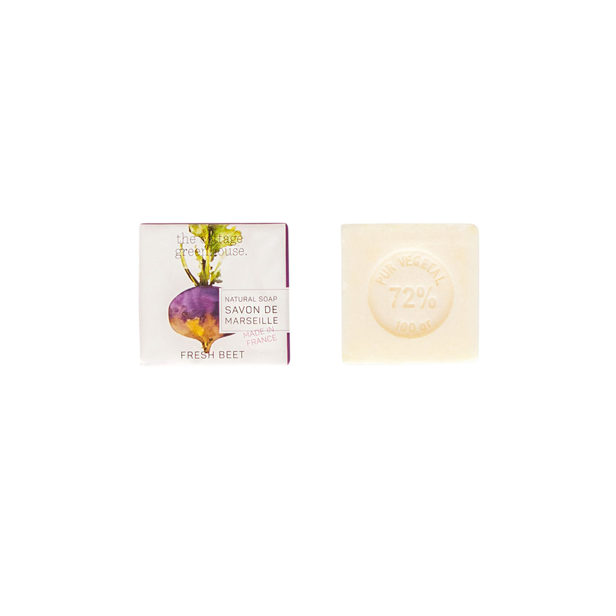 A bar of The Cottage Greenhouse Fresh Beet Soap labeled "fresh beet" with an illustration of beets on its packaging next to a translucent yellow Shea Butter soap bar. Brand Name: Margot Elena