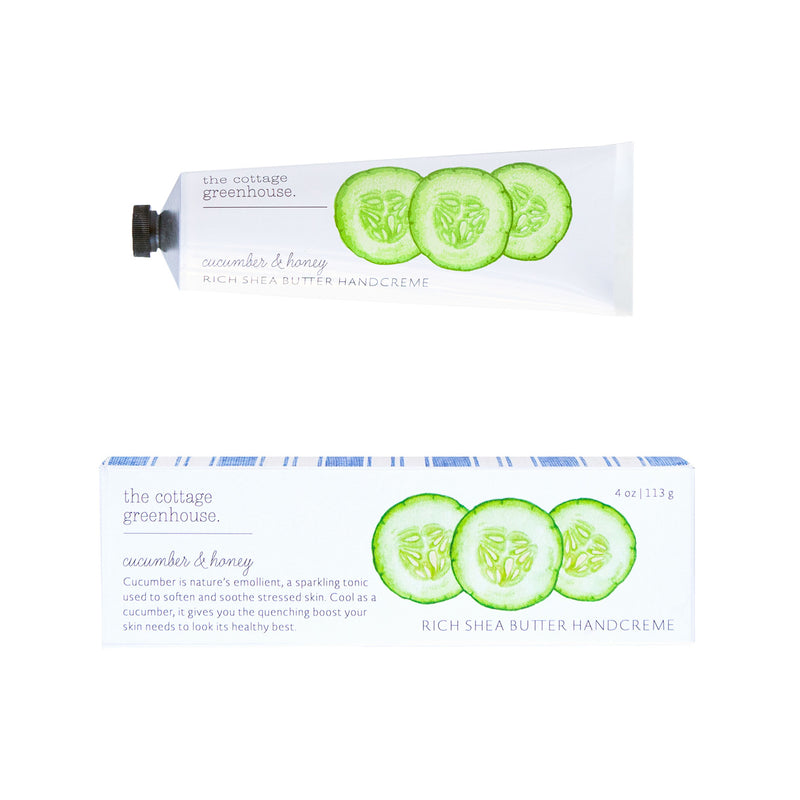Image of two tubes of The Cottage Greenhouse Cucumber & Honey Handcreme, one with slices of cucumber depicted on the label, positioned side by side against a white background by Margot Elena.