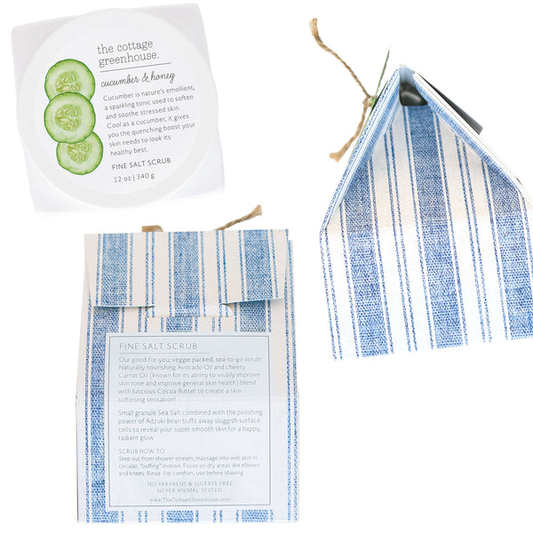 Three Margot Elena products depicted against a clean white background: a container of The Cottage Greenhouse Cucumber & Honey Fine Salt Scrub with text details, a tube of cucumber & honey green tea sugar scrub, and a face mask partially overflowing with its contents.