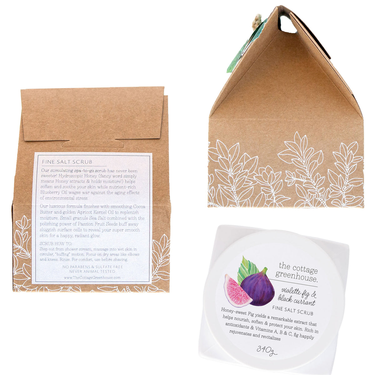 A collage of two images showing packaging for The Cottage Greenhouse Violette Fig & Black Currant Fine Salt Scrub infused with Apricot Kernel Oil. The left image displays a brown paper envelope labeled in elegant typography. The right highlights the product in a triangular from Margot Elena.