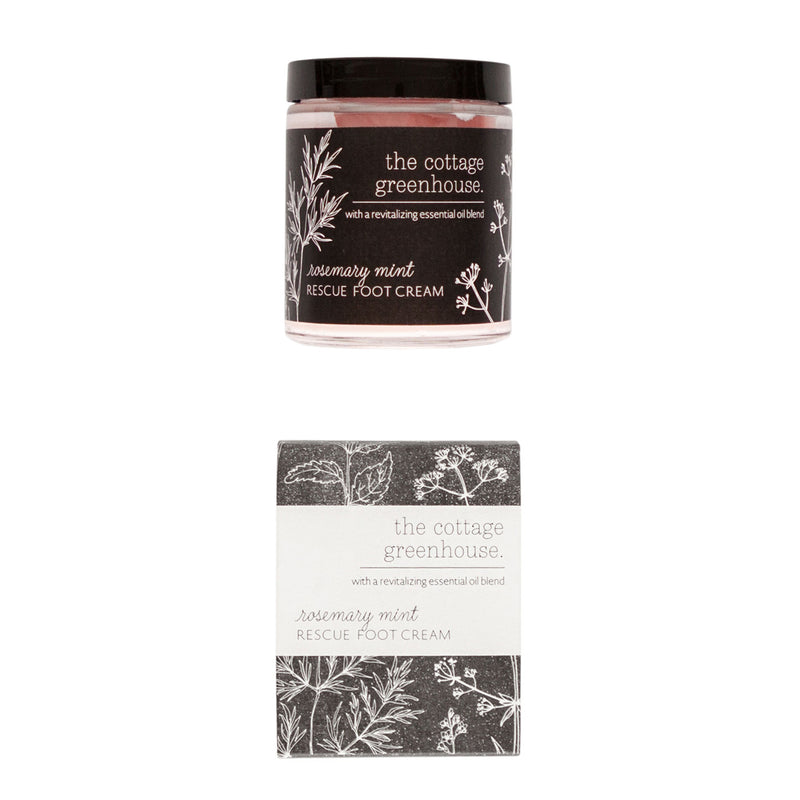 A jar and box of Margot Elena's The Cottage Greenhouse Rosemary Mint Rescue Foot Cream, both decorated with botanical illustrations and labeled with relaxing essential oil blend details.