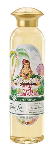 A bottle of Terra Nova Tiare Lei Silky Body Oil with Monoi Oil & Vitamin E featuring a floral and tropical-themed label with an illustration of a woman wearing a lei under a palm tree.
