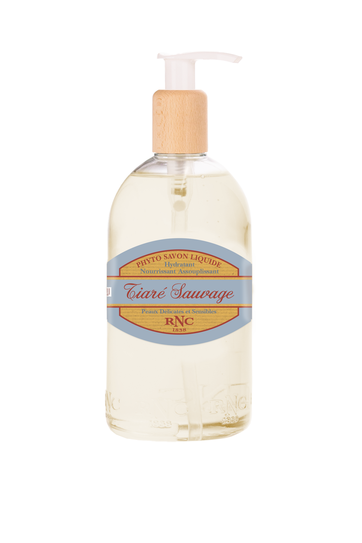 Transparent bottle of Rancé Liquid Soap - Tiare Sauvage (Wild Tiare) with gardenia flower extract, featuring a green pump and a vintage-style label, isolated on a white background.