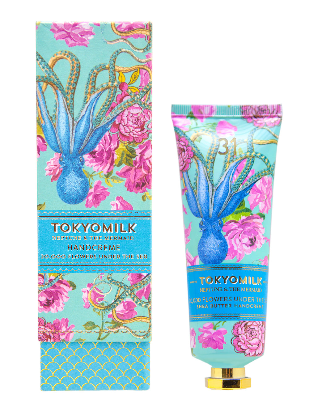 A colorful hand cream package and tube, both decorated with a vibrant design of a blue rabbit, pink flowers, and turquoise foliage, enriched with Shea Butter and labeled "Margot Elena TokyoMilk Neptune & The Mermaid 20,000 Flowers Under The Sea NO. 31 Shea Butter Handcreme