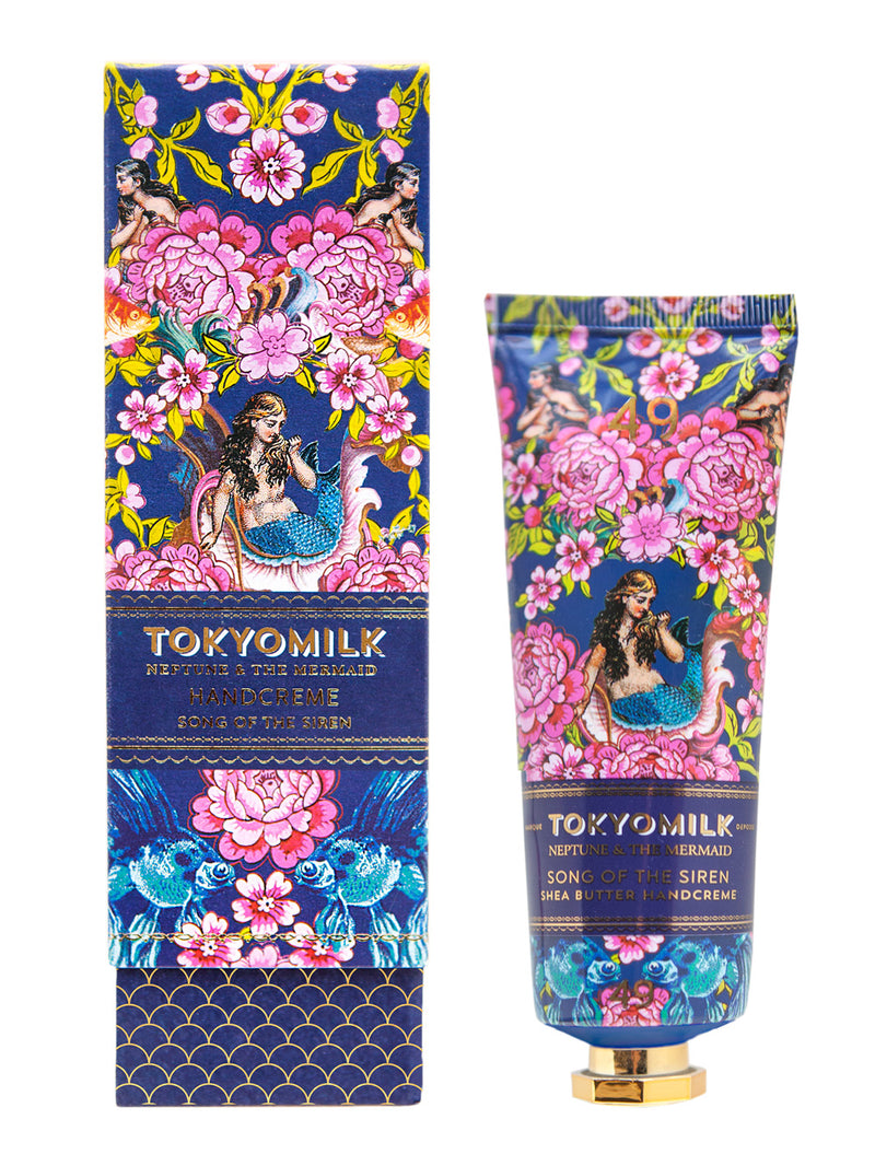 A colorful Margot Elena TokyoMilk Neptune & The Mermaid Song of The Siren NO. 49 Shea Butter Handcreme packaging with an illustration of a mermaid among vibrant floral patterns, predominantly in pink and blue tones, enriched with Shea Butter. The tube matches the box's design.