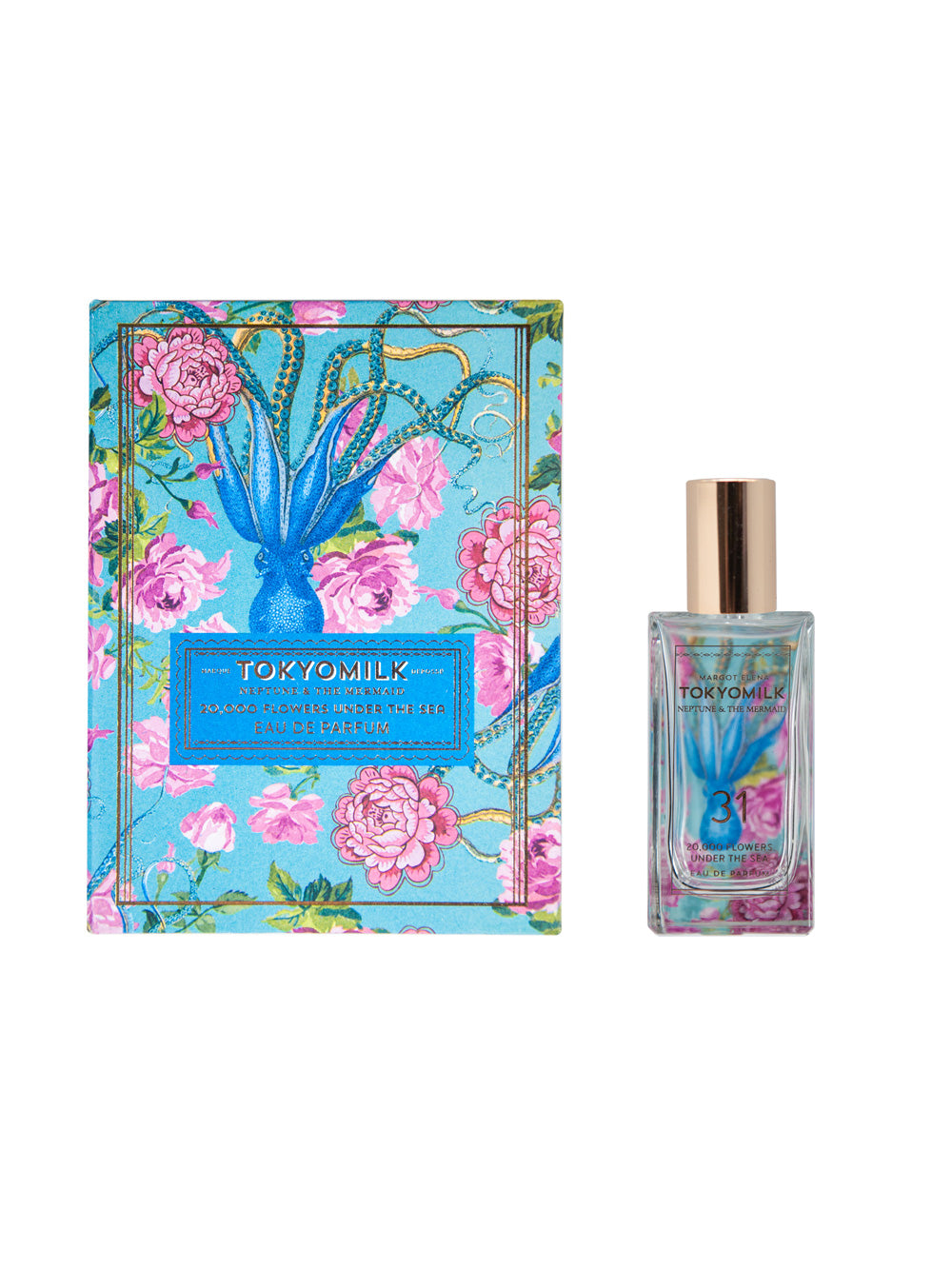 A bottle of Margot Elena's TokyoMilk Neptune & The Mermaid 20,000 Flowers Under The Sea No. 31 Parfum with hints of white lily next to its floral-patterned packaging box in shades of turquoise and pink with gold accents.